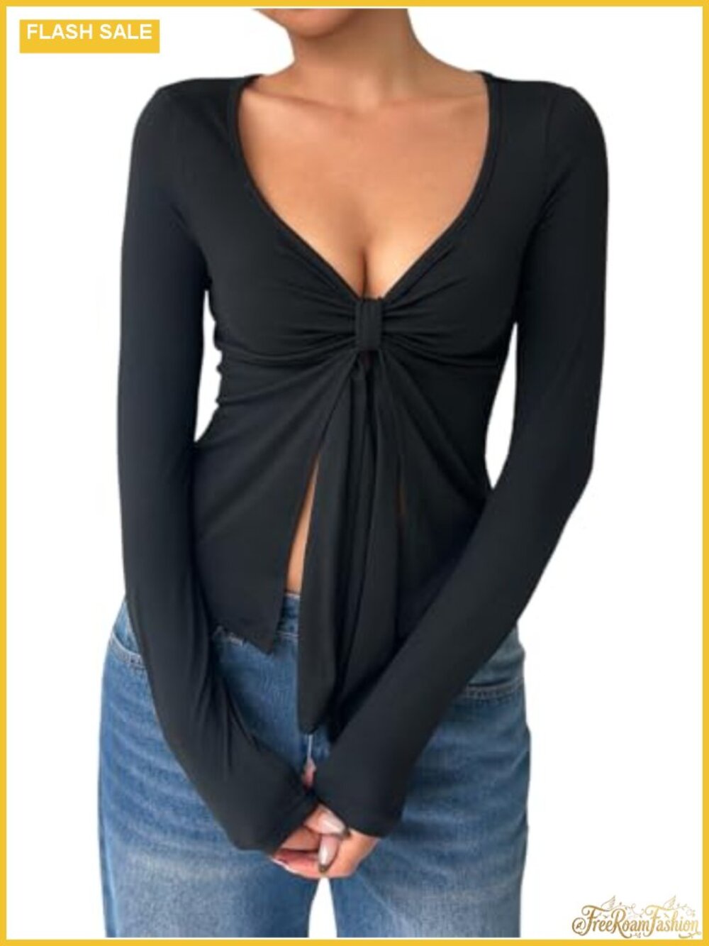 Long Sleeve Tie Knot Front V Neck Split Hem Tunic Casual Crop Top